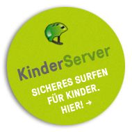 Grüner runder Button mit der Aufschrift "Kinderserver, Sicheres Surfen für Kinder hier".