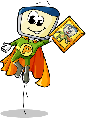 Webseiten-Generator Primolo - Titelfigur Computer-Superheld mit Bild von sich in der Hand