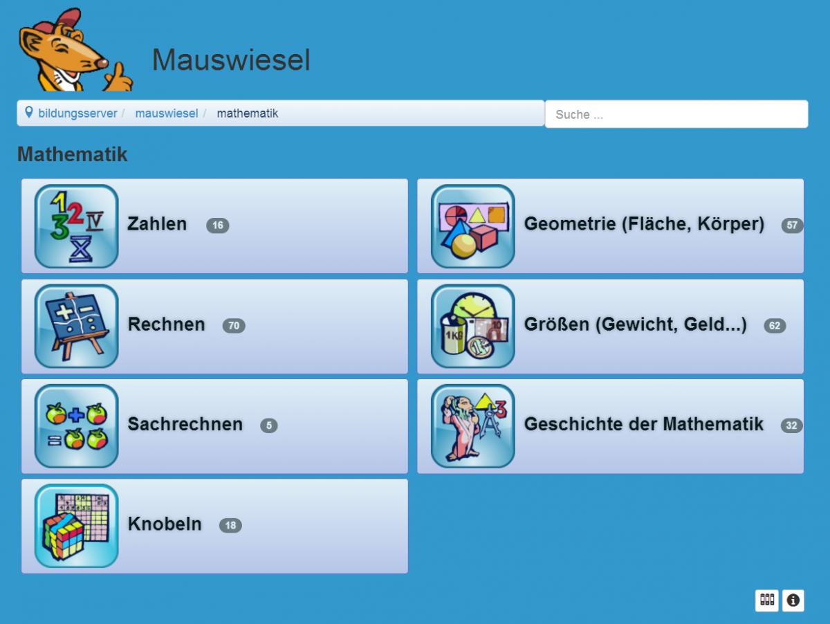 Themenseite "Mathematik" auf www.mauswiesel.bildung.hessen.de