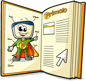 Aufgeschlagenes Buch mit Primolofigur als Superheld.